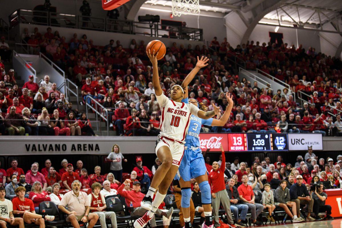 Sophomore guard Aziaha James jumps for a layup during the game against UNC in Reynolds Coliseum on Thursday, Feb. 16, 2023. James scored 18 points during the game. The Wolfpack beat the Tar Heels in overtime 77-66.