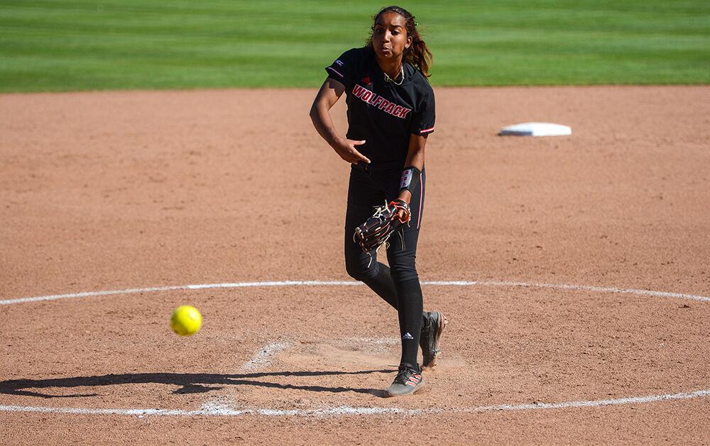 Redshirt sophomore pitcher Aisha Weixlmann pitches during NC State's game against Norfolk State on Wednesday, April 27, 2022 in Dail Softball Stadium. Weixlmann threw seven strikeouts during the Wolfpack's 7-1 win over the Spartans.