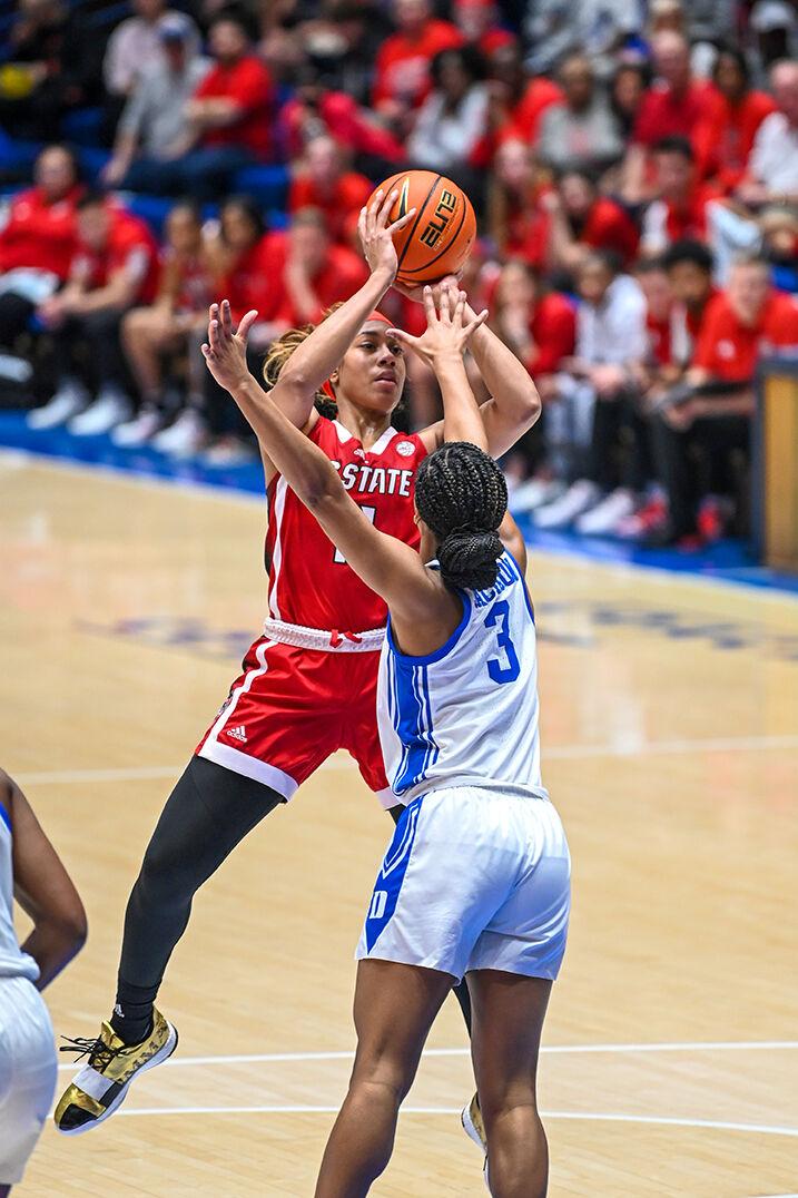 Senior wing Jakia Brown-Turner shoots the ball during the game against Duke at Cameron Indoor Stadium on Thursday. Feb. 23, 2023. Brown-Turner had 12 points in the loss to Duke. NC State lost&#160;77-62.