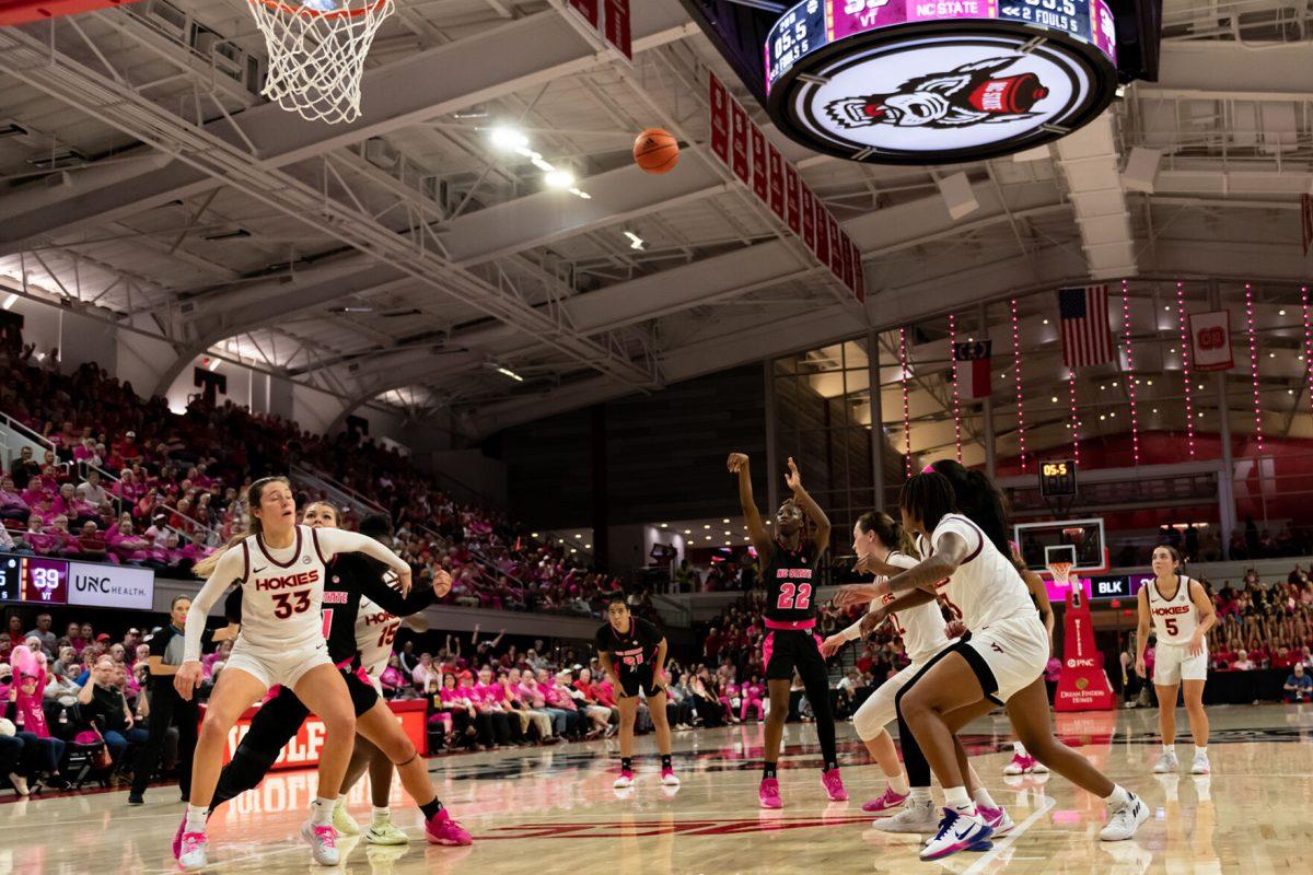 Sophomore gueard Saniya Rivers shoots a free throw during the game versus Virginia Teach in Reynolds Coliseum on Monday, February 6, 2023. Rivers made four field goals and two 3-pointers. NC State lost to Virginia Tech 73-61.