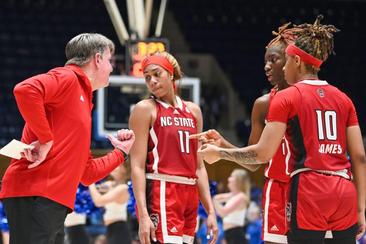 Head coach Wes Moore communicates with his players during the game against Duke at Cameron Indoor Stadium on Thursday. Feb. 23, 2023.&#160;NC State lost 77-62.