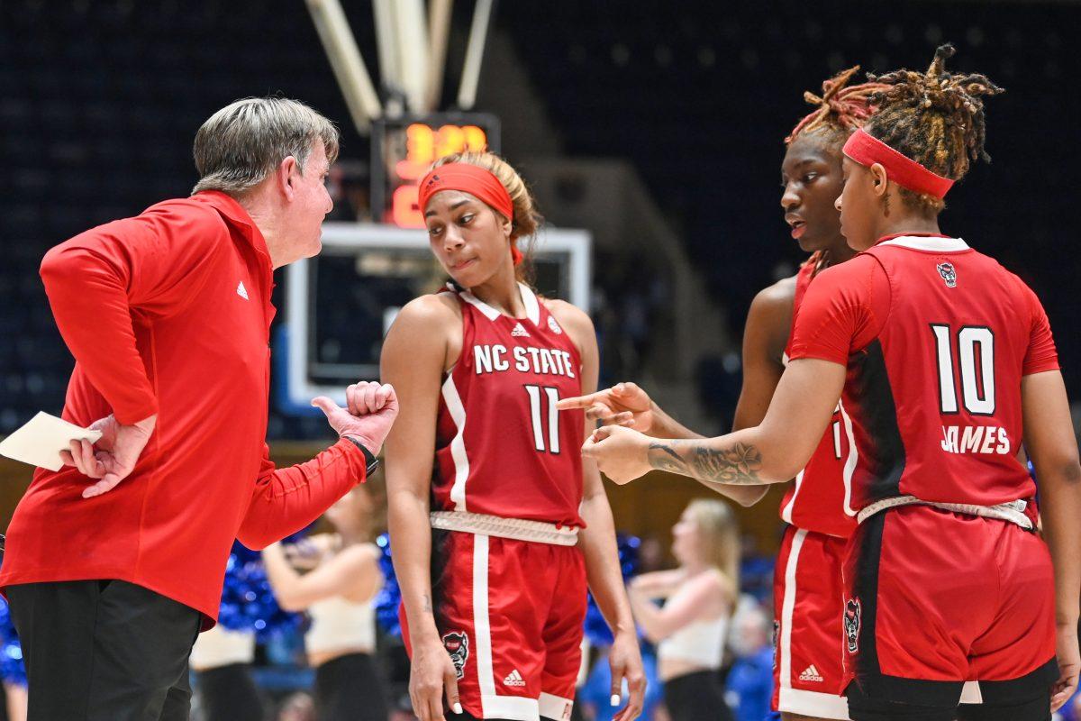 Head coach Wes Moore communicates with his players during the game against Duke at Cameron Indoor Stadium on Thursday. Feb. 23, 2023. NC State lost&#160;77-62.