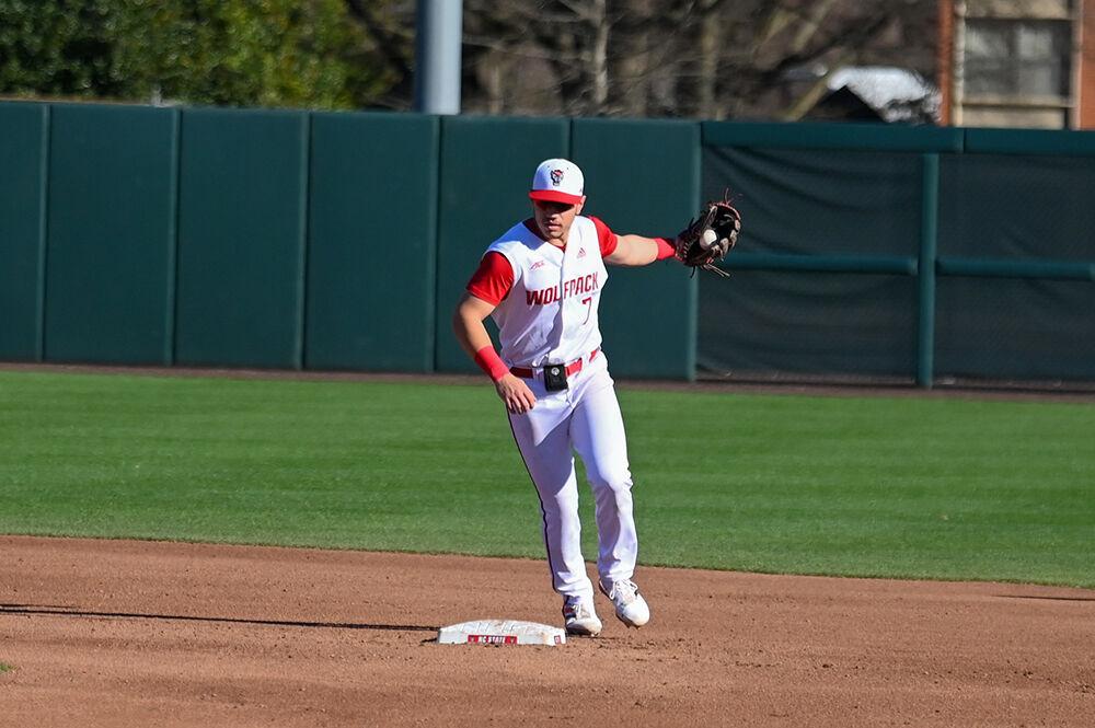 Junior infielder Kalae Harrison catches the ball during the game against Wagner at Doak Field in Dail Park on Saturday, Feb. 18, 2023. Saturday was the second game in the Wolfpack verses Wagner series. NC State beat Wagner 3-2 to win the series.