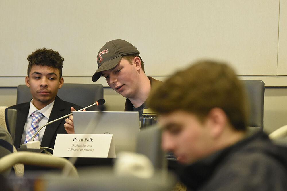 Ryan polk, a 2nd year studying engineering, offers an argument for the Chair of the Senate Devolution Act (SB80) at the 102nd session of the North Carolina State University Student Senate at Talley Student Union on Wednesday, Feb. 1st 2023. SB80 argued for changing the devolution process in the absence of Senate President and Pro Tempore, creating a clearer line of succession in the absence of both positions of responsibility. The act passed.