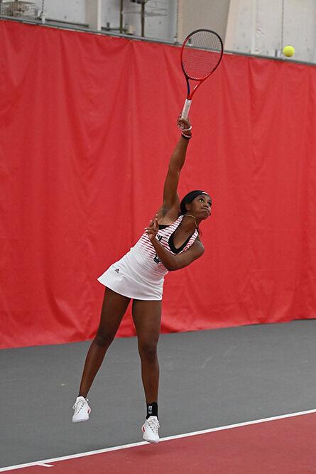 Graduate student Alana Smith serves against Tennessee at J.W. Isenhour Tennis Center on Sunday, Feb. 5, 2023. NC State beat Tennessee 6-1.