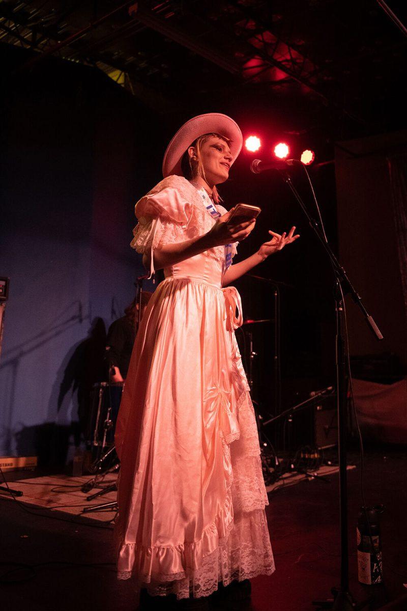 Maddie Jennette, a fourth-year studying computer engineering, thanks those who helped make the Double Barrel Benefit happen at Kings in Raleigh, NC on Saturday, Feb. 4, 2023. The Double Barrel Benefit accounts for about 6% of WKNC's annual revenue.