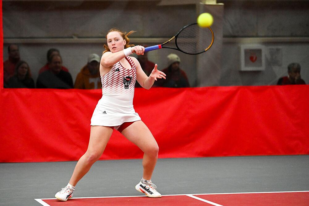 Junior Sophie Abrams forehands the ball versus Tennessee at J.W. Isenhour Tennis Center on Sunday, Feb. 5, 2023. Abrams and Rencheli won their doubles match and NC State beat Tennessee 6-1.