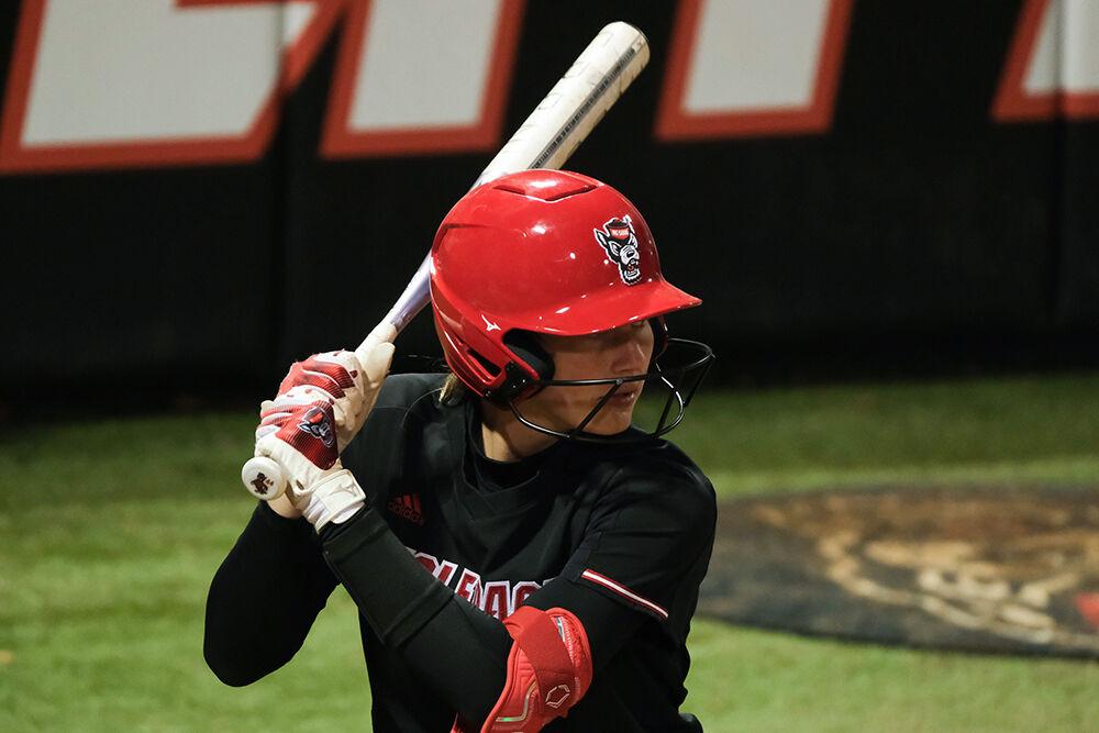 Sophomore infielder Taylor Ensley prepares to swing her bat during the game against the Iowa Hawkeyes at Dail Softball Stadium on Friday, Feb. 17, 2023. Ensley scored one run. The Hawkeyes beat the Wolfpack 11-2.