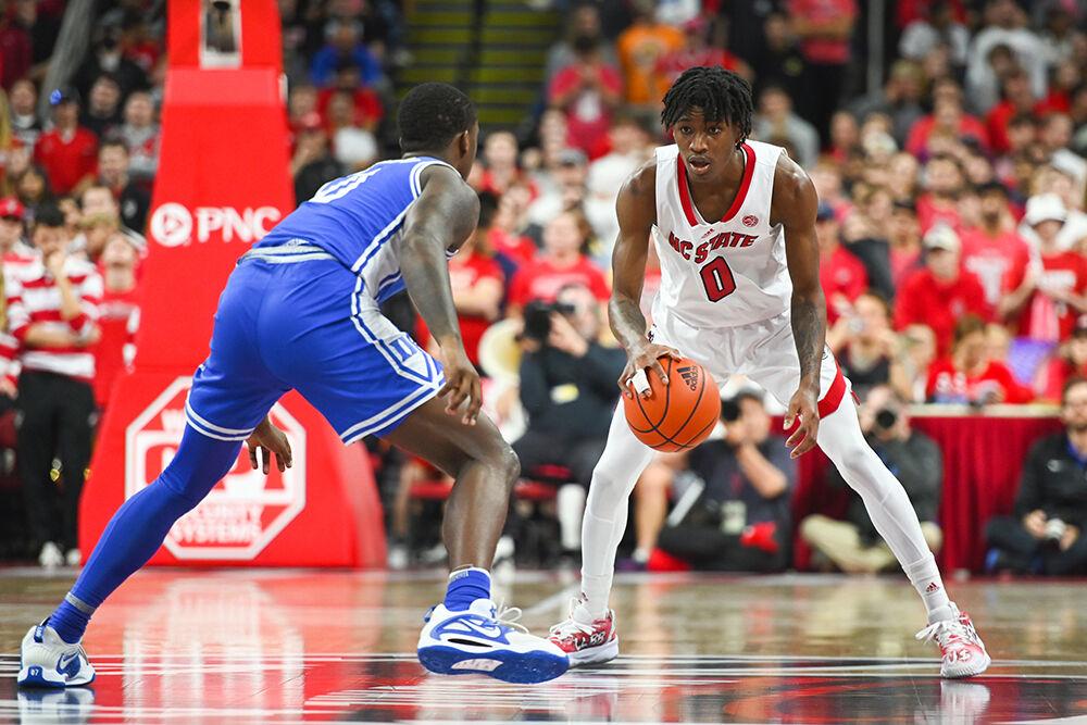 Sophomore guard Terquavion Smith dribbles the ball during the game against Duke in PNC Arena on Wednesday, Jan. 4, 2023. The Wolfpack won 84-60.