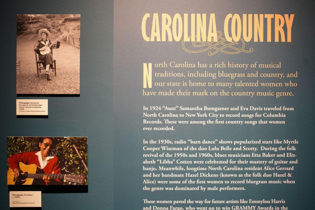 A sign highlights a variety of North Carolina connections in The Power of Women in Country Music exhibit at the NC Museum of History on Friday, Feb. 3, 2023.