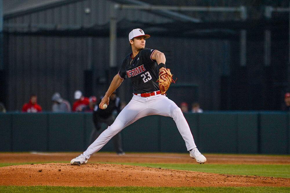 Sophomore pitcher Matt Willadsen pitches during the Wolfpack's home baseball game against the Georgia Tech Yellow Jackets at Doak Field on March 26, 2022. The Wolfpack won the game 6-5 to clinch the series.