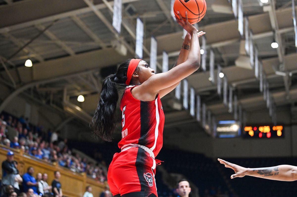 Senior forward Jada Boyd shoots the ball during the game against Duke at Cameron Indoor Stadium on Thursday. Feb. 23, 2023. Boyd had 19 points in the loss to Duke. NC State lost&#160;77-62.