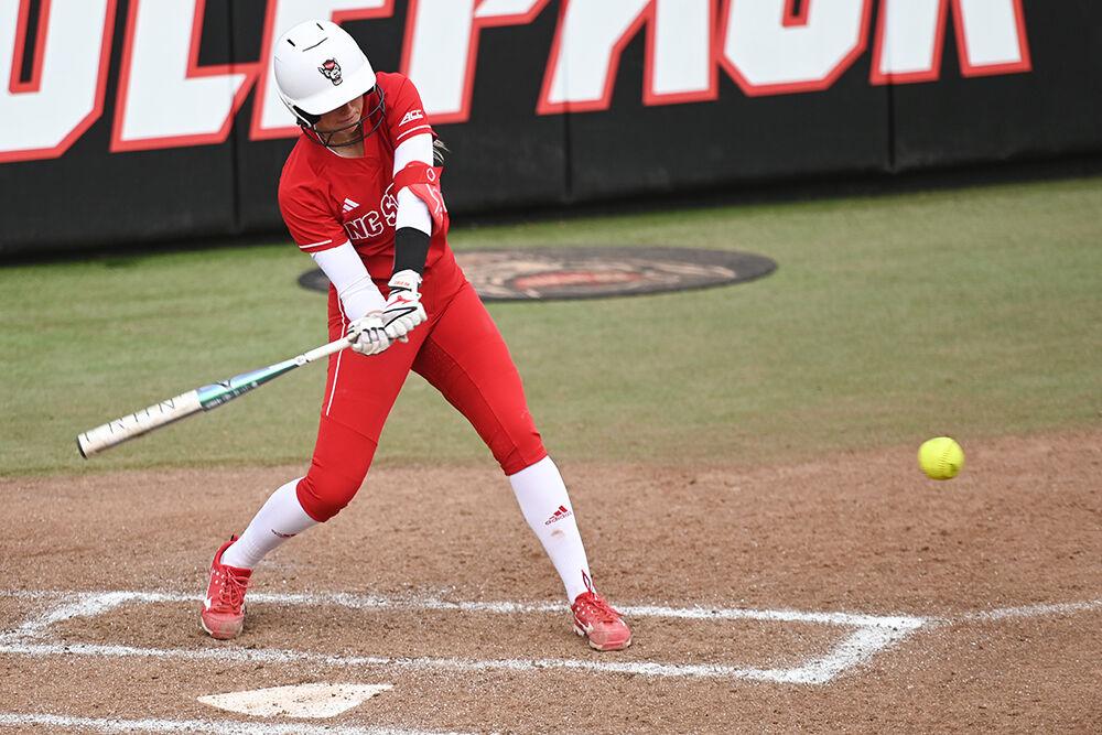 Freshman pitcher Madison Inscoe swings in preparation to hit the ball during the game against the Penn Quakers at Dail Softball Stadium on Friday, Feb. 24, 2023. Inscoe had two hits and two runs during the game. The Wolfpack beat the Quakers 15-6.