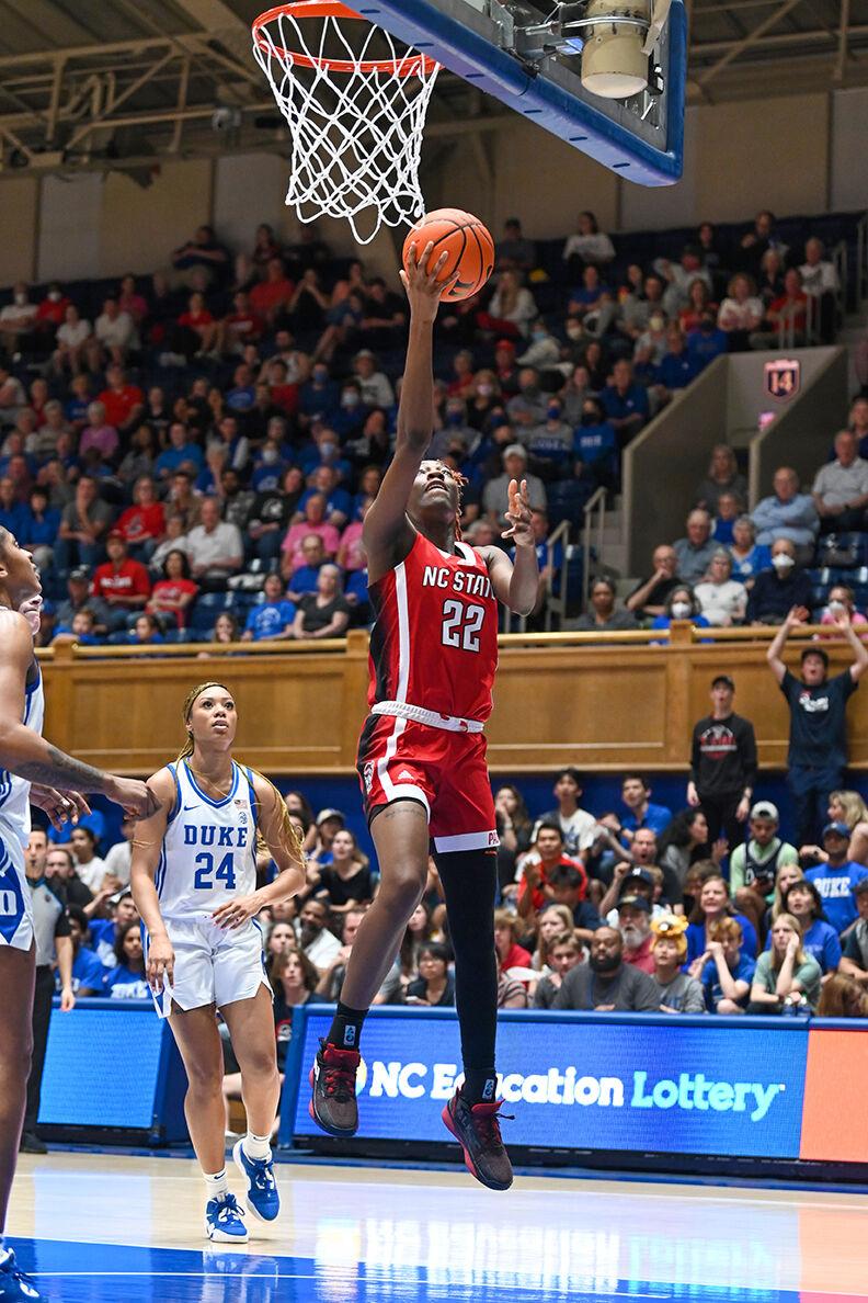 Sophomore guard Saniya Rivers attempts a layup during the game against Duke at Cameron Indoor Stadium on Thursday. Feb. 23, 2023. Rivers had 11 points in the loss to Duke. NC State lost 77-62.