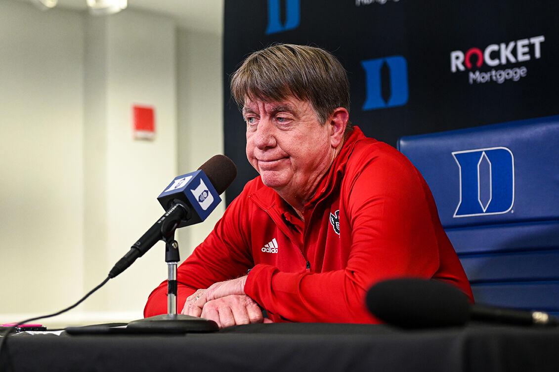 Head coach Wes Moore gives an interview after the game versus Duke at Cameron Indoor Stadium on Feb. 23, 2023. NC State lost to Duke 77-62.