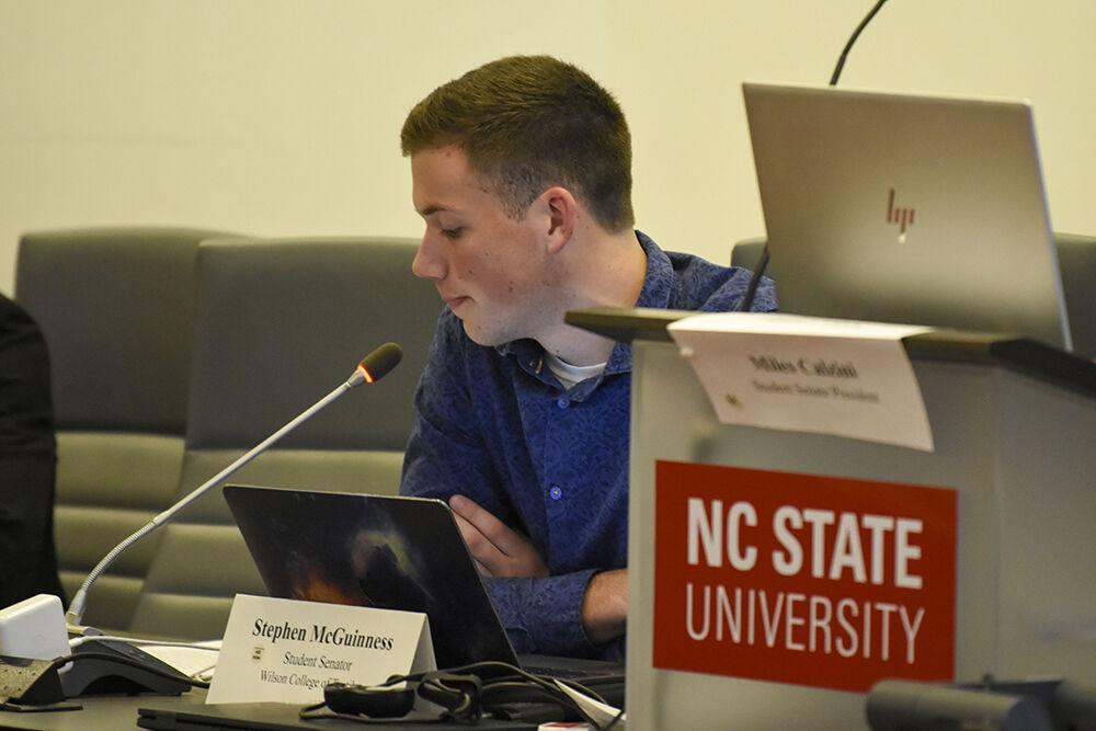Stephen McGuinness, a 3rd year studying polymer and color chemistry, pauses to answer a point of information over the Land Acknowledgement Act 2023 (R75) at the 102nd Session of the North Carolina State University Student Debate at talley Student Union on Wednesday, Feb. 1st 2023. Stephen sponsored the Act, which saw the most cotroversy out of all the Acts presented during the meeting.