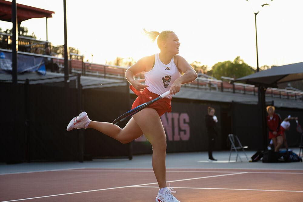 Freshman Diana Schnaider forehands the ball in her singles match against Georgia Tech at Dail Outdoor Tennis Stadium on Friday, March 3, 2023. Schnaider won her doubles match but lost her singles match.&#160;NC State beat Georgia Tech 4-3.