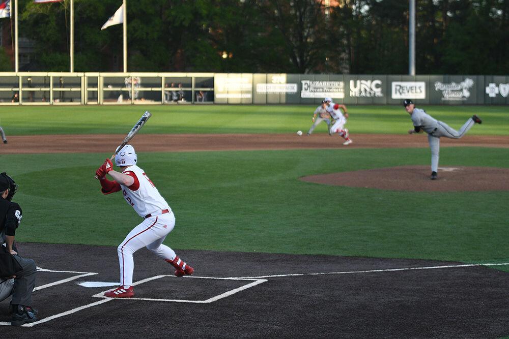Sophomore outfielder Chase Nixon prepares to swing at bat during the Wolfpack's home game against the Louisville Cardinals on Doak Field at Dail Park on Saturday, April 1, 2023. The Wolfpack beat the Cardinals 10-0, guaranteeing the series win.