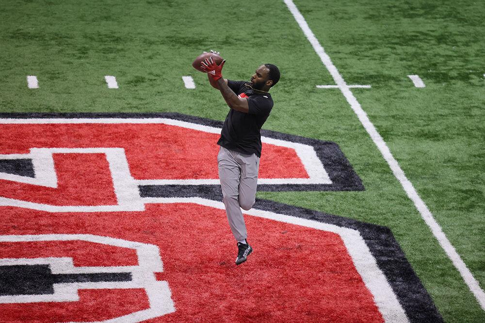 Defensive back Tyler Baker-Williams completes a defensive drill during NC State's Pro Day at the Close-King Indoor Facility on Tuesday, March 28, 2023.