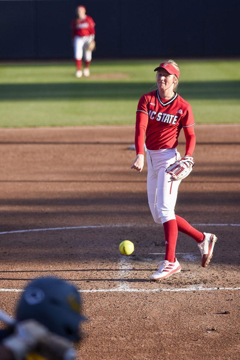 Freshman pitcher Rylee Wyman pitches the ball during the game against North Carolina A&amp;T at Dail Softball Stadium on Wednesday, March 29, 2023. NC State won 8-2.