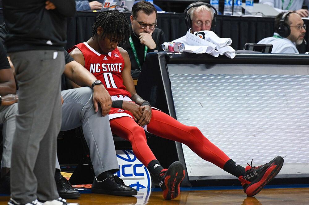 Sophomore guard Terquavion Smith contemplates the end of the quarterfinal game of the Men's ACC Tournament versus the Clemson Tigers in Greensboro Coliseum on Thursday, March 9, 2023. Smith scored 11 points against Clemson. Clemson beat NC State 80-54.
