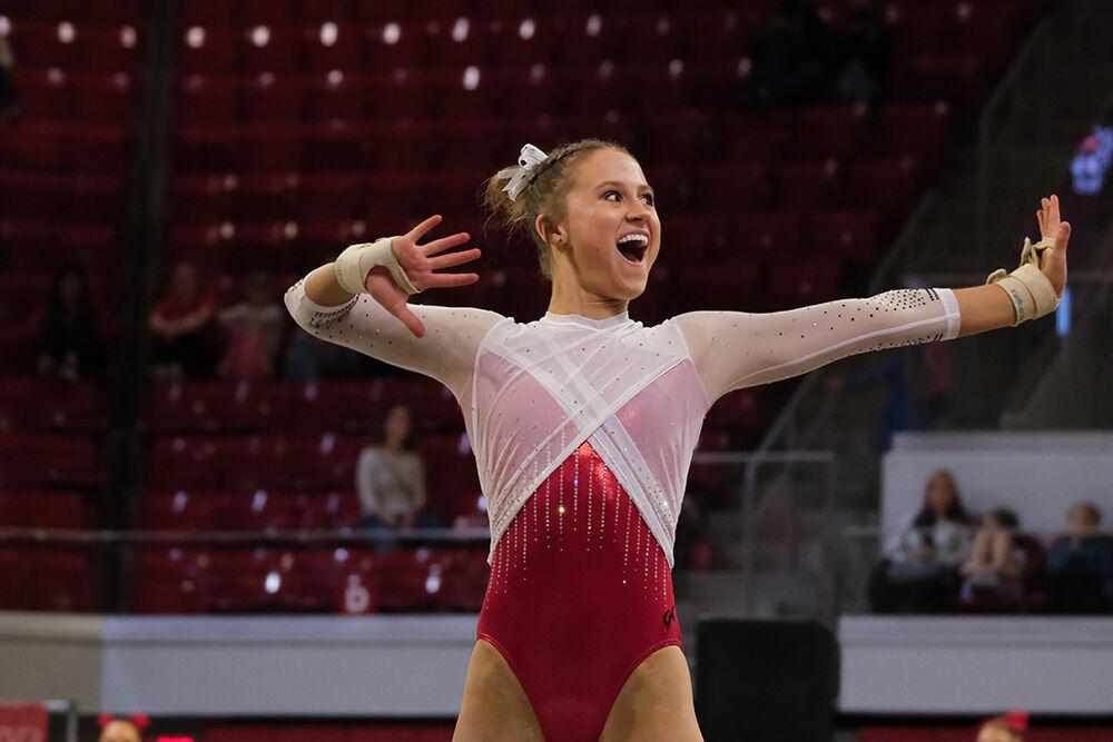 Sophomore Lauren Rutherford performs her floor routine at the meet against Rutgers in Reynolds Coliseum on Saturday, March 4, 2023. Rutherford scored 9.950 for the event. The Wolfpack beat the Scarlet Knights with a final score of 197.225-196.225.