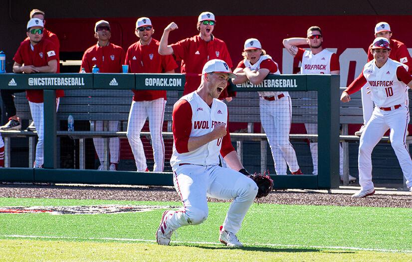 Junior infielder Sam Highfill celebrates during the game against NJIT at Doak Field at Dail Park on Sunday, March 5, 2023. The Wolfpack beat the Highlanders 6-5 to sweep the series.