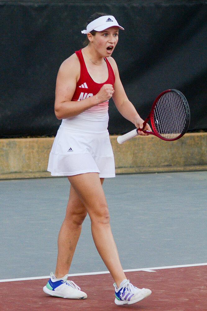 Junior Gina Dittmann celebrates a point during her singles match against East Tennessee State University at the Dail Outdoor Tennis Stadium on Sunday, March 5, 2023. Dittmann won her singles match 2-0. NC State beat ETSU 7-0.