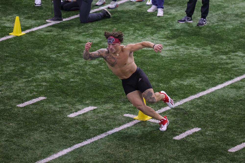 Linebacker Drake Thomas participates in a cone drill during NC State's Pro Day at the Close-King Indoor Facility on Tuesday, March 28, 2023.