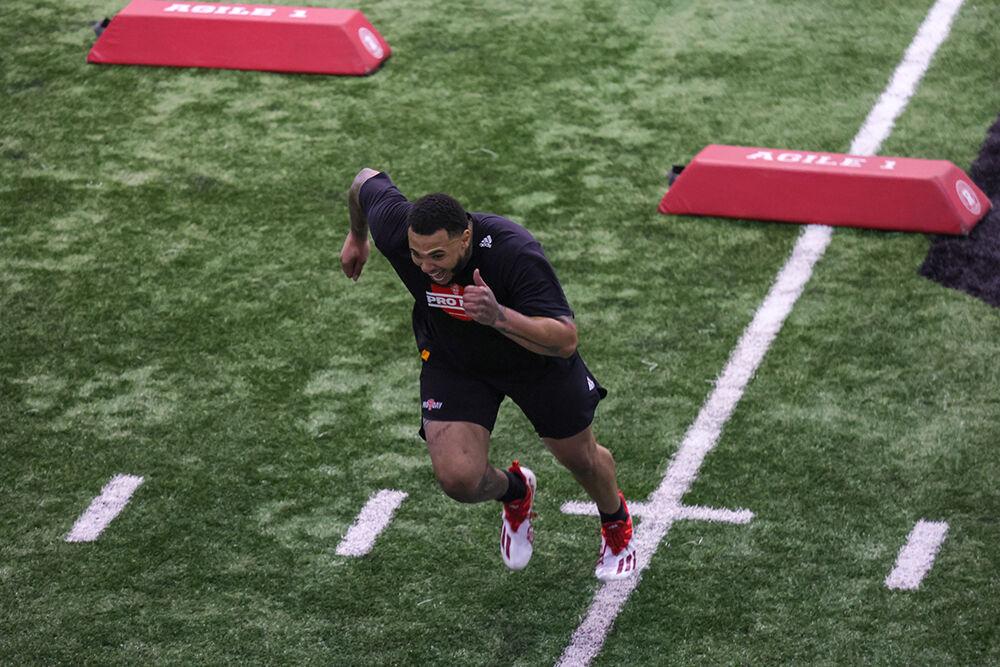 Defensive lineman Cory Durden completes a defensive drill during NC State's Pro Day at the Close-King Indoor Facility on Tuesday, March 28, 2023.