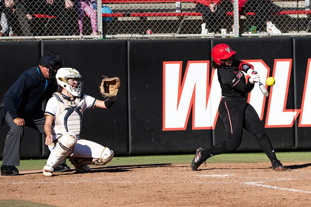 Freshman infielder Nadia Sykes misses the ball during the game against Notre Dame at&#160;Dail Softball Stadium on Saturday, March 11, 2023. The Wolfpack lost to the Fighting Irish 10-3.