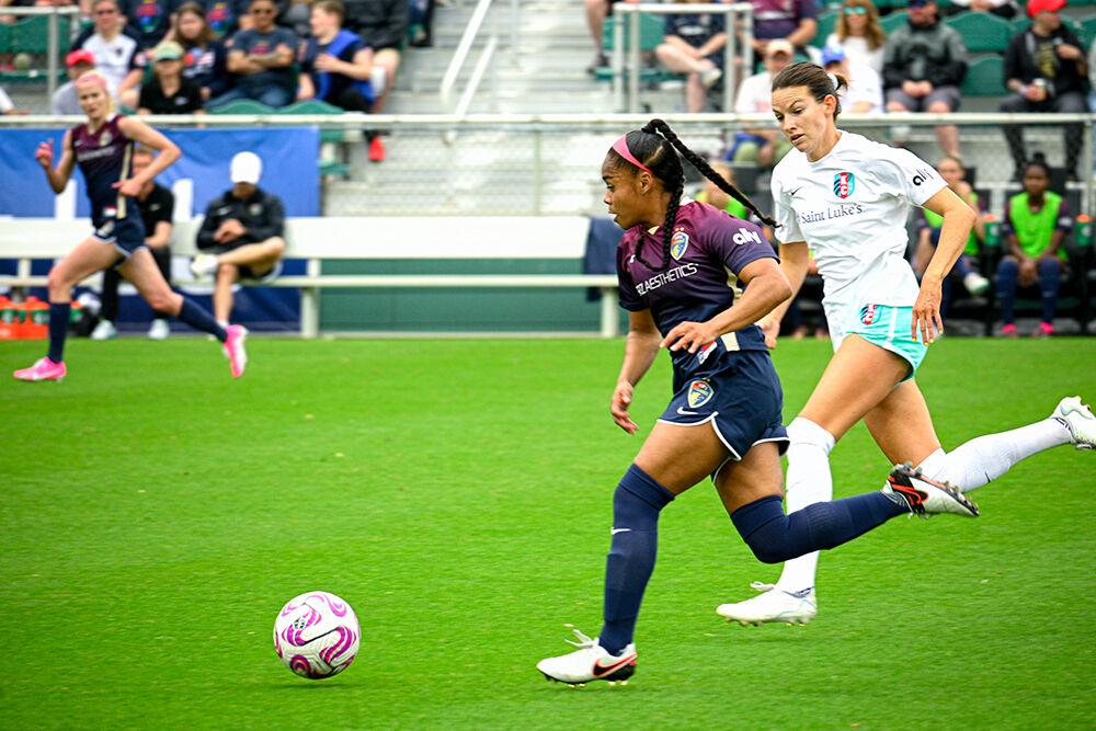 NC Courage defender Kiki Pickett kicks the ball toward the net in an attempt to score a goal during the game against the Kansas City Current at WakeMed Soccer Park on Saturday, March 25, 2023. NC Courage beat the Kansas City Current&#160;1-0.