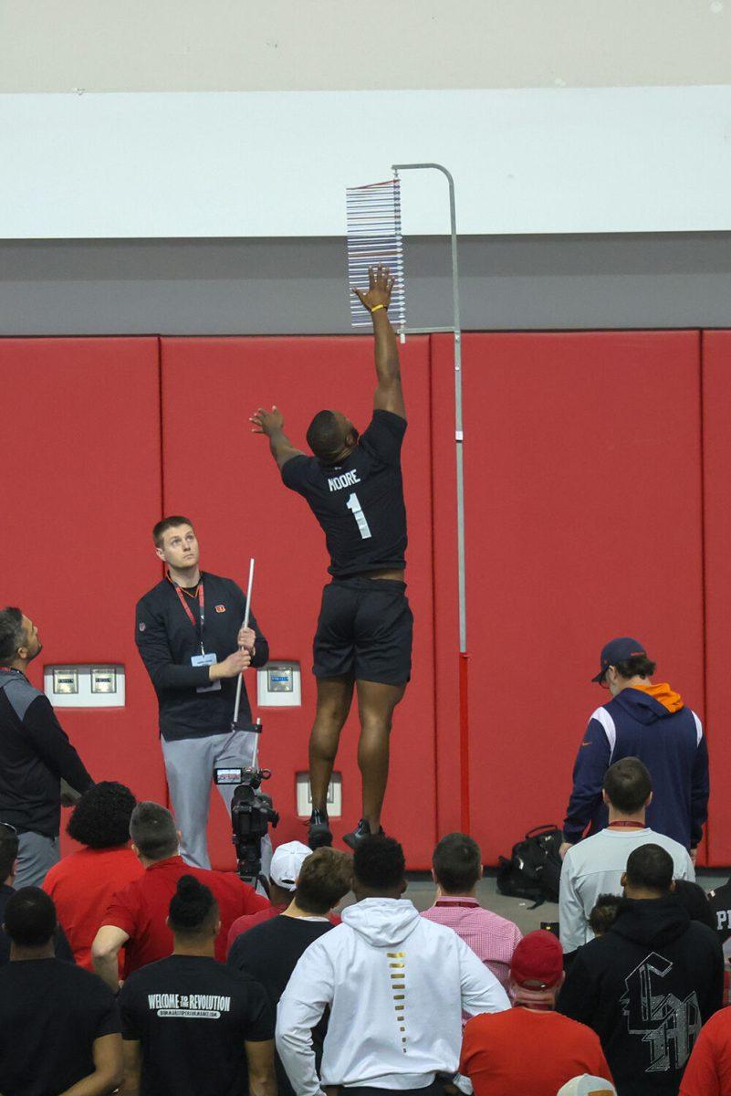 Linebacker Isaiah Moore participates in the vertical jump during NC State's Pro Day at the Close-King Indoor Facility on Tuesday, March 28, 2023.