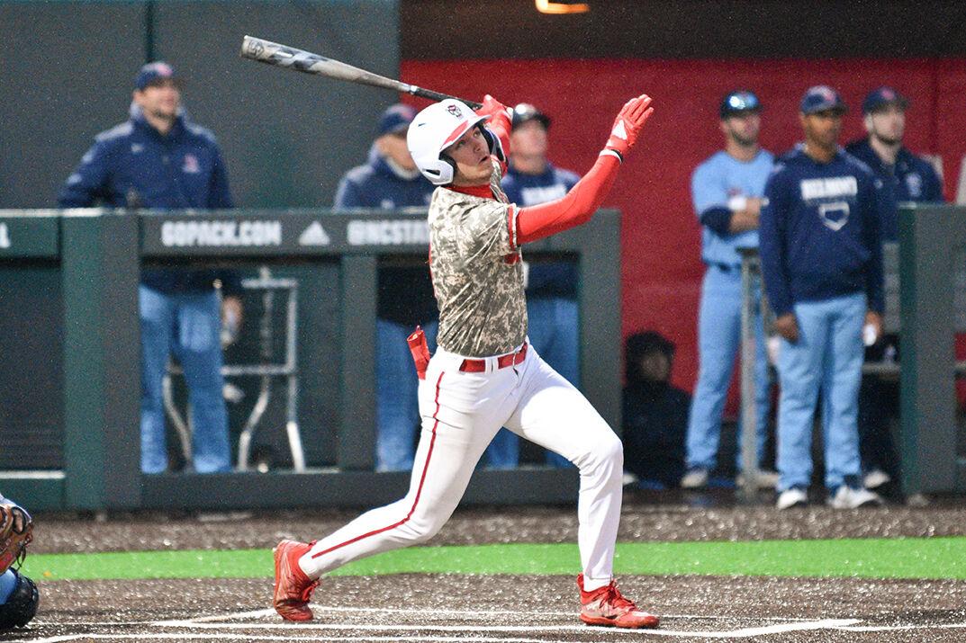 Sophomore infielder Payton Green hits a home run against Belmont at Doak Field at Dail Park on Saturday, Feb. 25, 2023. On four at-bats, Green had three hits and two home runs. NC State beat Belmont 7-0 to win the series.&#160;