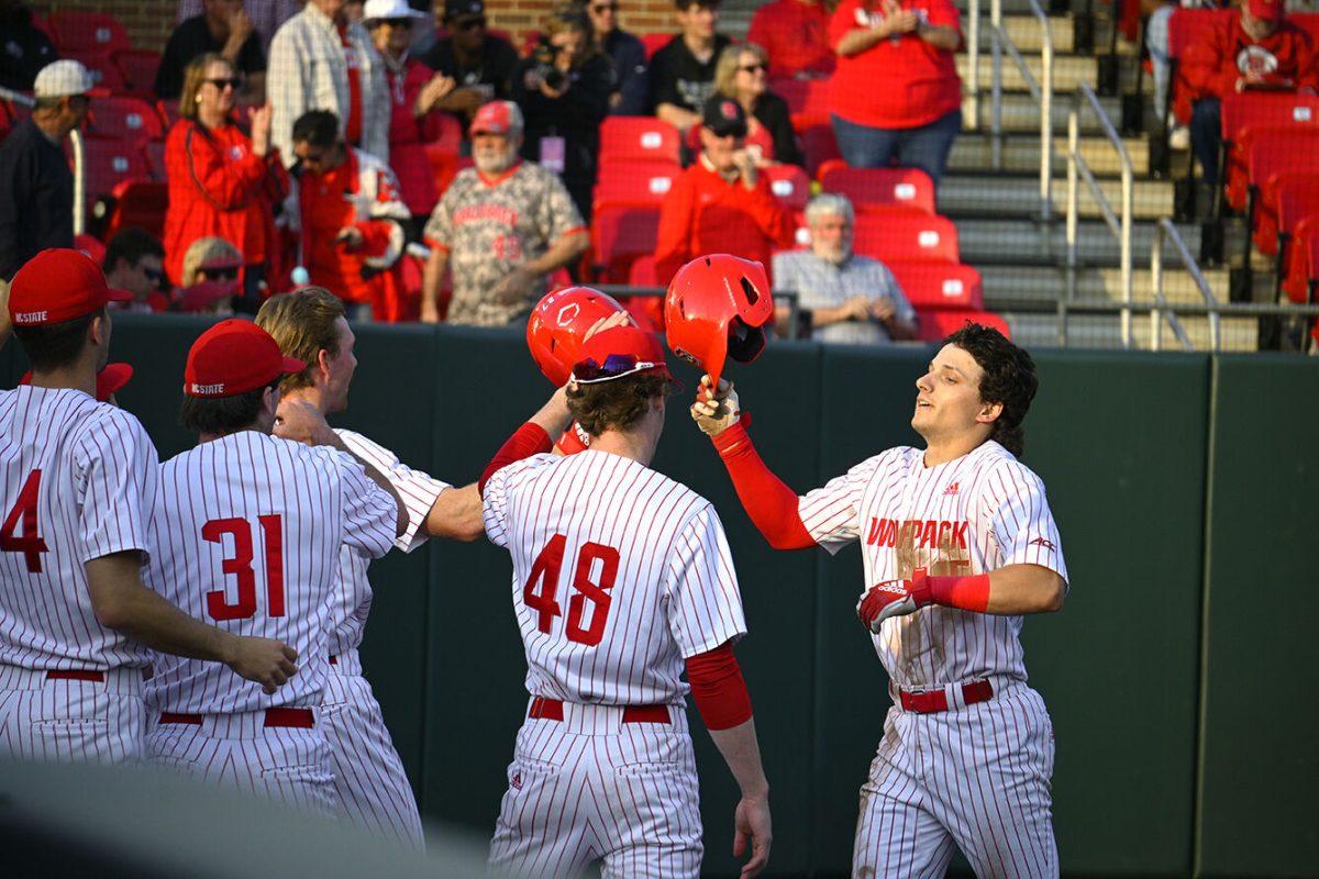 Junior outfielder Carter Trice celebrates his home run during the game against NJIT at Doak Field at Dail Park on Friday, March 3, 2023. Trice had two runs and two hits against NJIT. NC State beat NJIT 9-2.