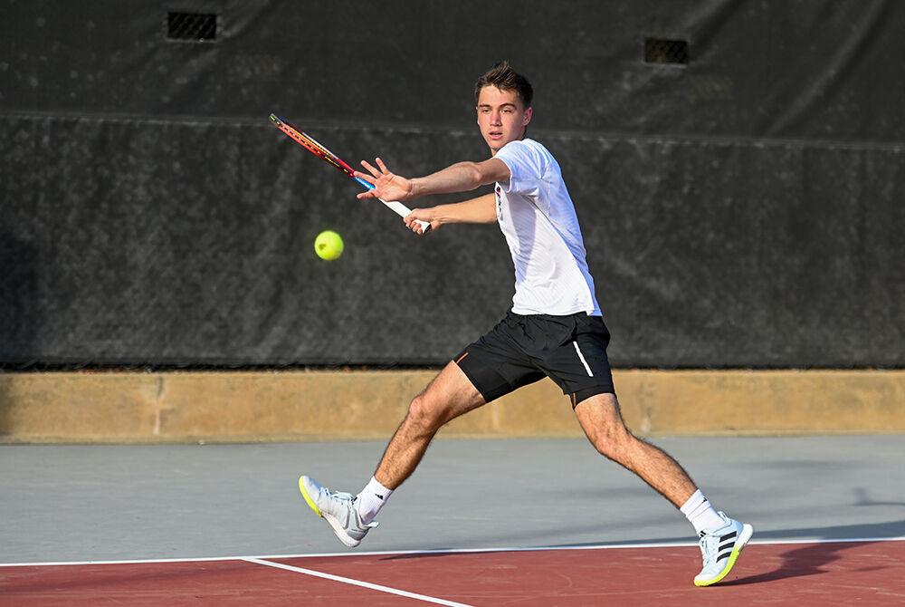 Redshirt sophomore Braden Shick returns the ball during the match against Notre Dame at Dail Outdoor Tennis Stadium on Friday, March 24, 2023. Shick won his singles match. NC State beat Notre Dame 4-0.