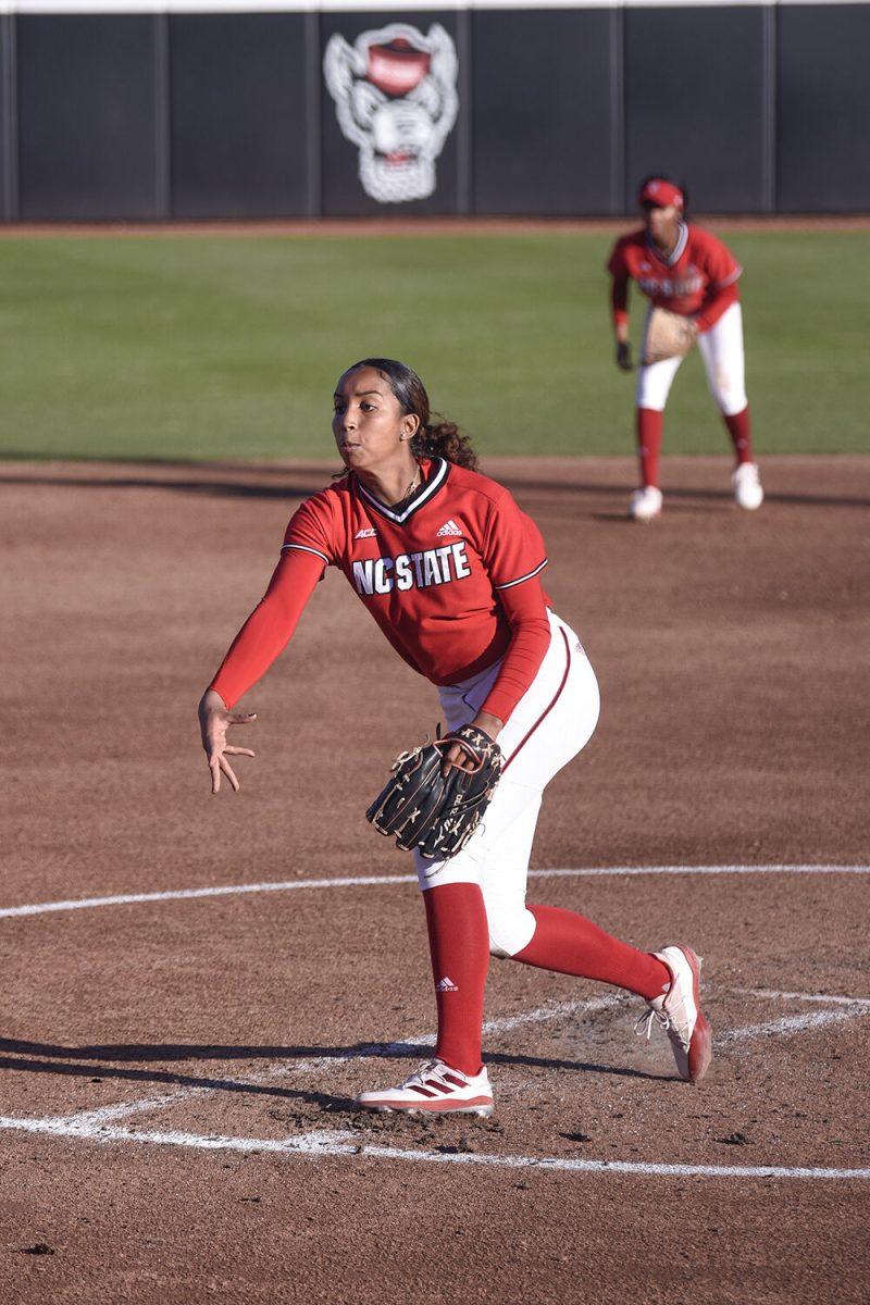 Redshirt junior pitcher Aisha Weixlmann pitches the ball during the game against North Carolina A&amp;T at Dail Softball Stadium on Wednesday, March 29, 2023. NC State won 8-2.