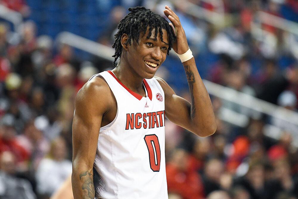 Sophomore guard Terquavion Smith smiles during the second round ACC Tournament game in Greensboro Coliseum on Wednesday, March 8, 2023. Smith scored 30 points and made eight rebounds during the game. The Wolfpack beat the Hokies 97-77.