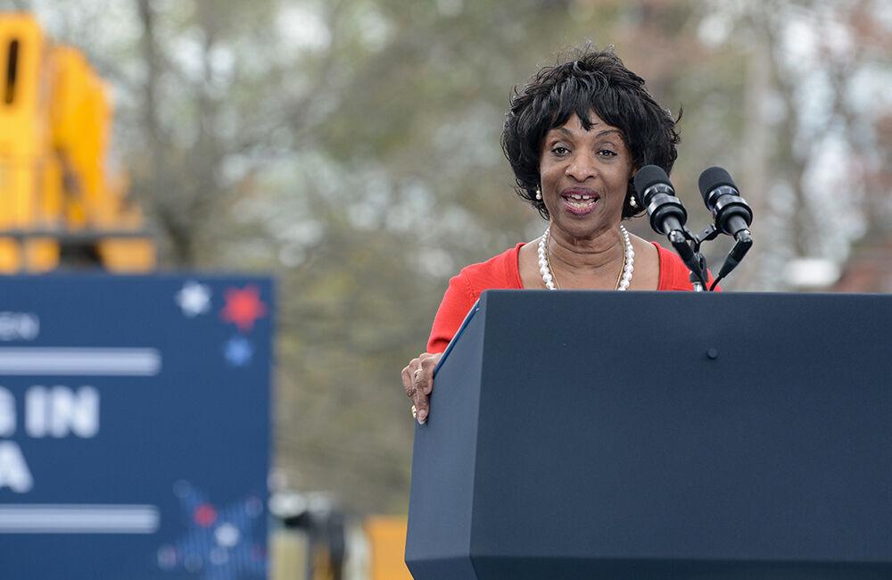 Rep. Valeria Foushee speaks during the presidential visit at Wolfspeed in Durham on Tuesday, March 28, 2023. President Biden visited Wolfspeed, a semiconductor manufacturer founded by an NC State grad, to promote his Investing In America job agenda.