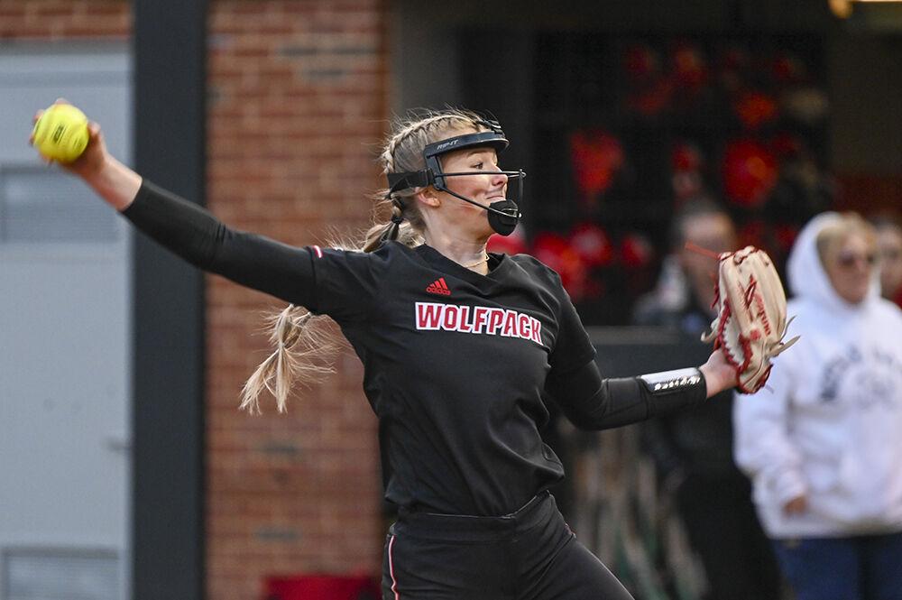 Freshman pitcher Madison Inscoe throws the ball during the game against Notre Dame in Dail Softball Stadium on Saturday, March 11, 2023. NC State lost to Notre Dame 7-1 in the second game of the doubleheader.