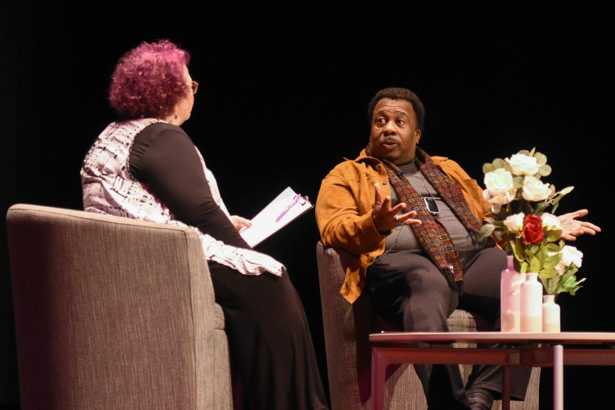 Leslie David Baker, actor who played Stanley Hudson on "The Office," speaks with University Theatre assistant director&#160;Mia Self, at the TUFFTalks event at Stewart Theatre on Monday, March 6, 2023. Baker answered interview questions and questions from students in the audience.