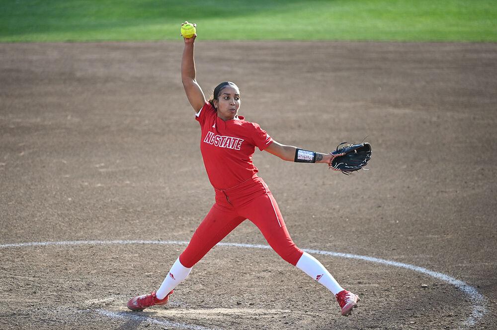 Redshirt junior pitcher Aisha Weixlmann prepares to throw the ball in the game against Penn at Dail Softball Stadium on Friday, Feb. 24, 2023. Weixlmann pitched two strikeouts in her 2.1 innings on the mound. NC State pulled a win over Penn 15-6.