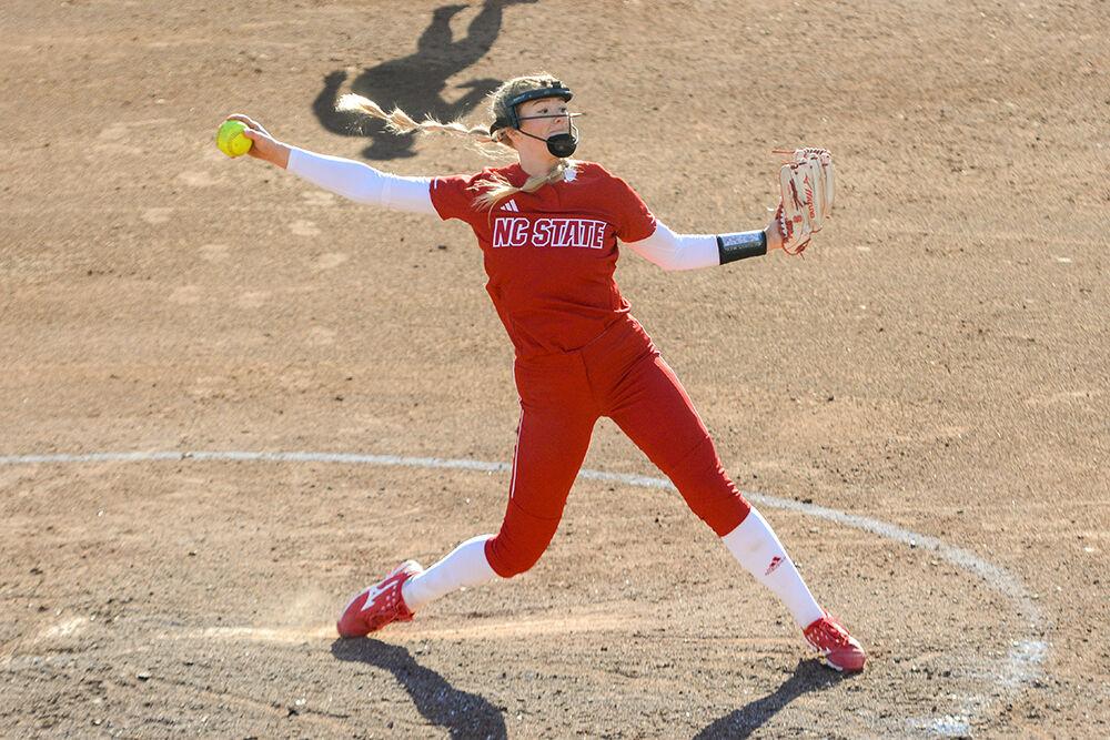 Freshman pitcher Madison Inscoe pitches the ball during the game against Iowa at Dail Softball Stadium on Saturday, Feb 18, 2023. Inscoe pitched all eight innings and had one hit at bat. NC State beat Iowa 3-1.