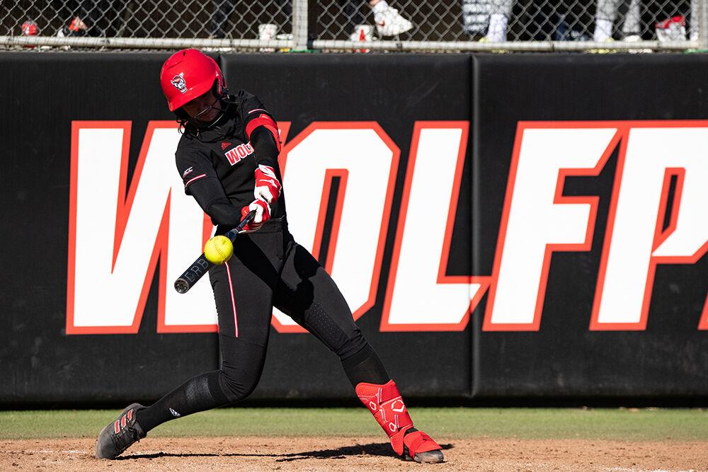 Junior infielder Hailey Haislip hits a home run during the game against Notre Dame at Dail Softball Stadium on Saturday, March 11, 2023. The Wolfpack lost to the Fighting Irish 10-2.
