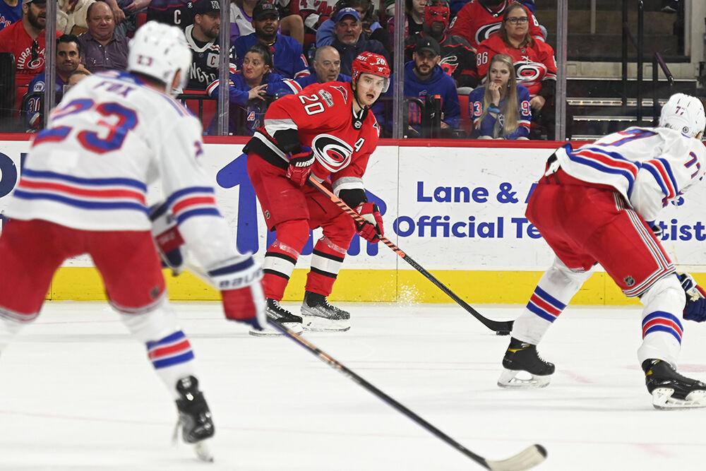 Carolina Hurricanes center Sebastian Aho prepares to pass the puck during the game against the New York Rangers in PNC Arena on Thursday, March 23, 2023. The Hurricanes lost 2-1.