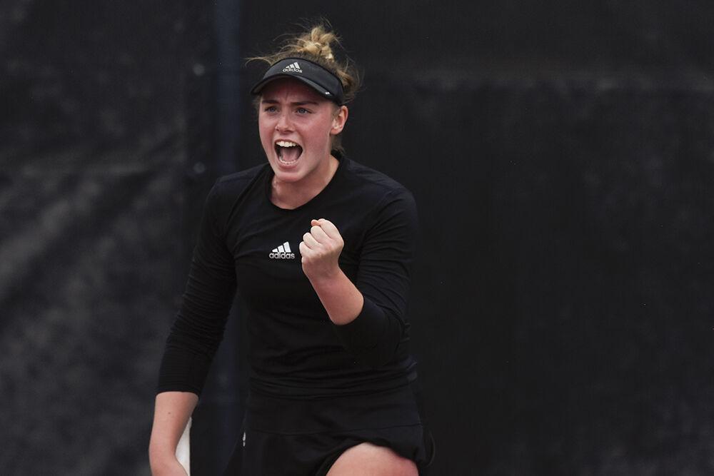 Junior Amelia Rajecki celebrates a point in her doubles match against Syracuse at Dail Outdoor Tennis Stadium on Friday, March 31, 2023. Rajecki won her doubles match, and NC State beat Syracuse 6-1.