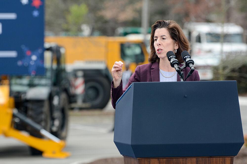 Commerce Secretary Gina Raimondo speaks during the presidential visit at Wolfspeed in Durham on Tuesday, March 28, 2023. President Biden visited Wolfspeed, a semiconductor manufacturer founded by an NC State grad, to promote his Investing In America job agenda.