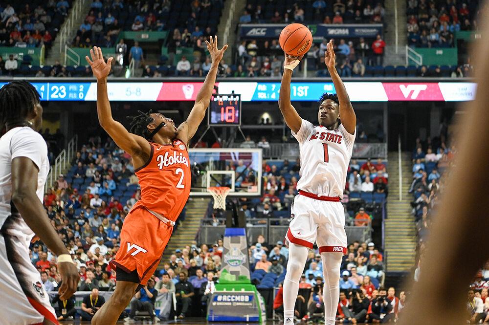 Graduate guard Jarkel Joiner shoots the ball during the second round of the ACC Tournament game against Virginia Tech in the Greensboro Coliseum on Wednesday, March 8, 2023. Joiner scored 20 points, had 10 assists and grabbed seven rebounds for the Pack. NC State beat Virginia Tech 97-77.