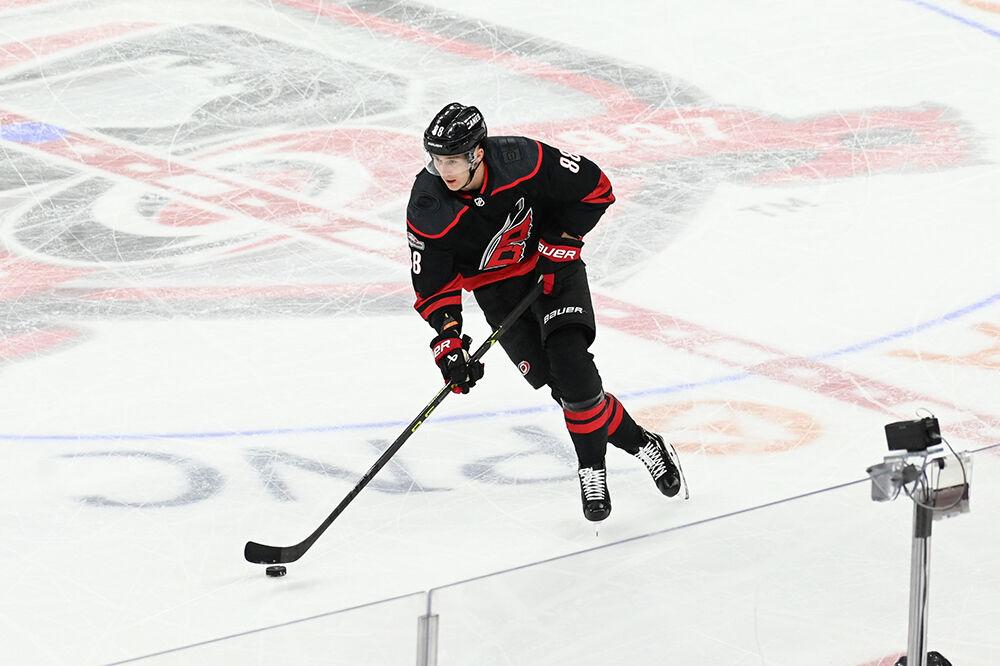 Carolina Hurricanes center Martin Necas takes the puck up the ice during the Hurricanes' home game against the Tampa Bay Lightning in PNC Arena on Sunday, March 5, 2023. The Canes beat the Lightning 6-0.