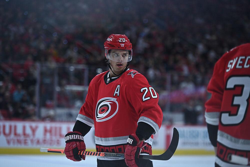 Sebastian Aho waits between play during the Hurricanes' home game against the Edmonton Oilers on Thursday, Nov. 10, 2022 in PNC Arena. Aho had two assists for two points as the Canes beat the Oilers 7-2.